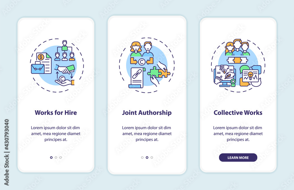 Copyright law special rules onboarding mobile app page screen with concepts. Joint authorship walkthrough 3 steps graphic instructions. UI, UX, GUI vector template with linear color illustrations