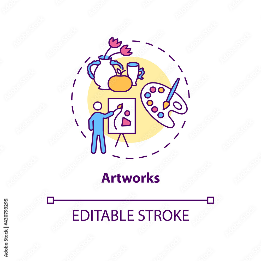 Artworks concept icon. Copyright object idea thin line illustration. Paintings, drawings and sculptures. Copyrightable artwork. Vector isolated outline RGB color drawing. Editable stroke