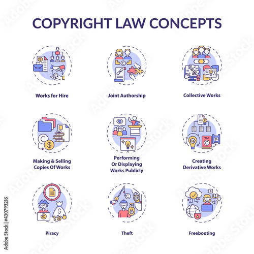 Copyright law concept icons set. Original works authorship protection idea thin line RGB color illustrations. Working for hire. Joint authorship. Vector isolated outline drawings. Editable stroke