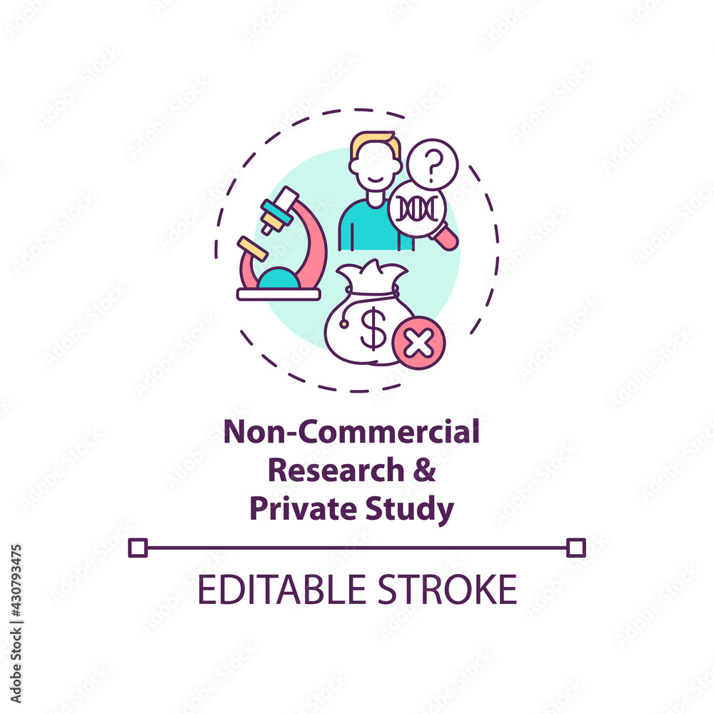 Non-commercial research and private study concept icon. Exception to copyright idea thin line illustration. Using short extracts from works. Vector isolated outline RGB color drawing. Editable stroke