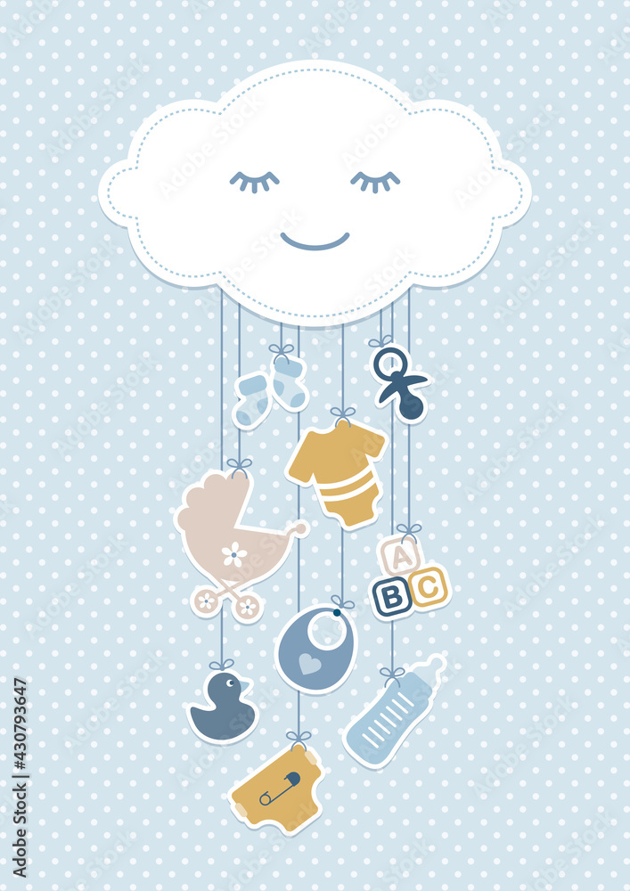 Babykarte Junge Wolke & Hängende Icons Punkte Retroblau Senfgelb - obrazy, fototapety, plakaty 