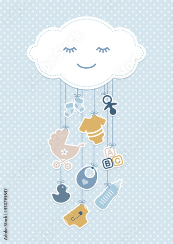 Babykarte Junge Wolke & Hängende Icons Punkte Retroblau Senfgelb