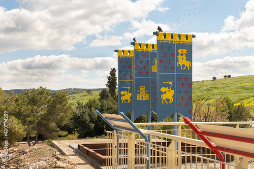 Models of flags of the times of the Crusades on the roof of the church of St. Anne of the Byzantine period in the ruins of the city of Maresha, at Beit Guvrin, Kiryat Gat, in Israel photo