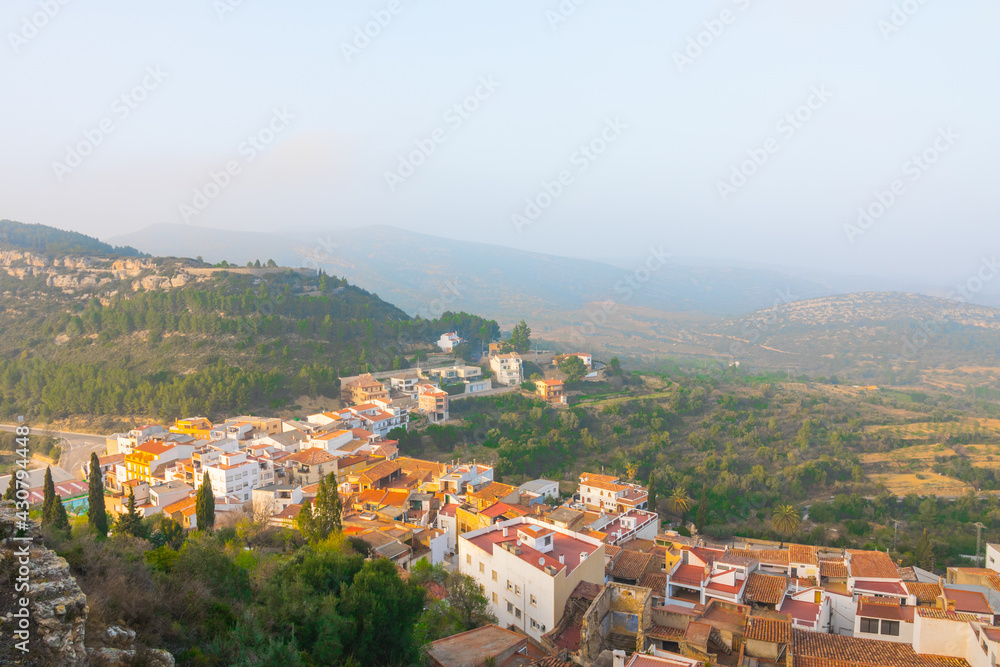 Cervera del Maestre, Baix Maestrat, Valencian Community, Spain. Traditional and typical spanish village. Beautiful aerial view of the old town and the Maestrat region.