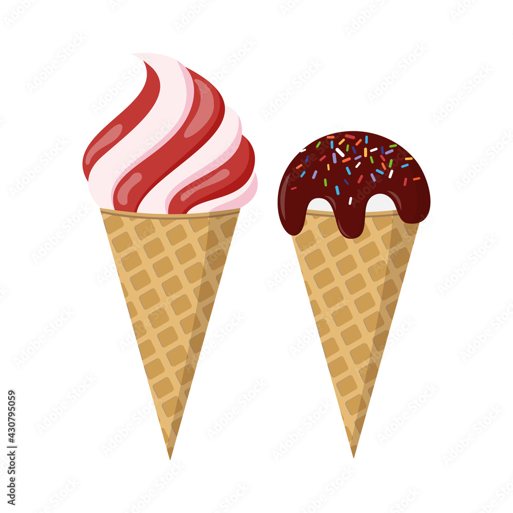 Set of two tasty ice cream in waffle scoop, one whipped with strawberry jam, the other covered with chocolate. Isolated on white. Vector. Flat design