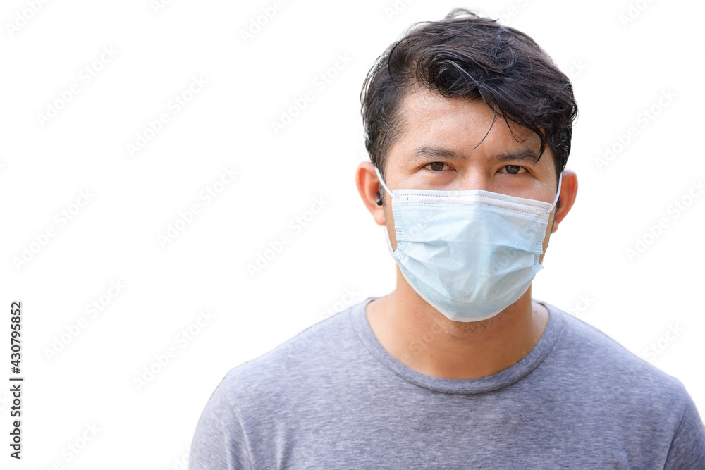 Close-up face focus Asian handsome young man Persons who sweat from morning exercises and wear a mask with SARS-cov-2 - white background.