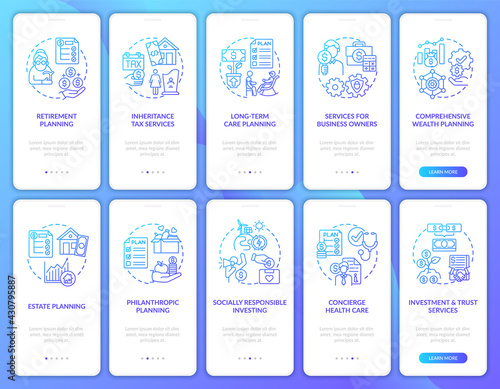Wealth guide onboarding mobile app page screen with concepts set. Investment, business services walkthrough 5 steps graphic instructions. UI, UX, GUI vector template with linear color illustrations