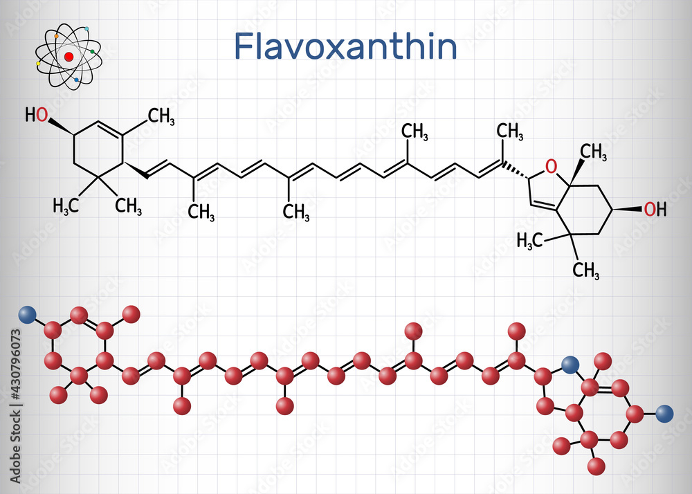 Flavoxanthin molecule. It is xanthophyll golden-yellow color pigment, food additive, E161a. Structural chemical formula and molecule model. Sheet of paper in a cage