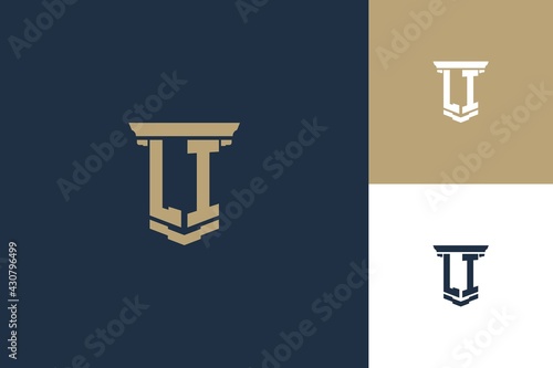 LI monogram initials logo design with pillar icon. Attorney law logo design