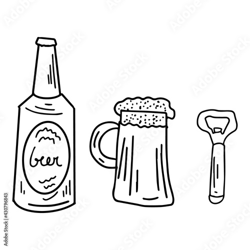 Set with a beer bottle, beer mug and bottle opener hand-drawn in the style of doodle graphics