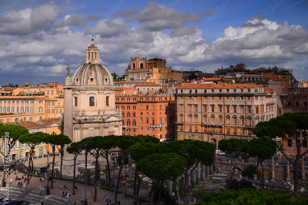View from the Campidoglio to the Imperial fora (Fori Imperiali), the Chiesa del Santissimo Nome di Maria church and the Monti neighborhood, Rome, Italy	
