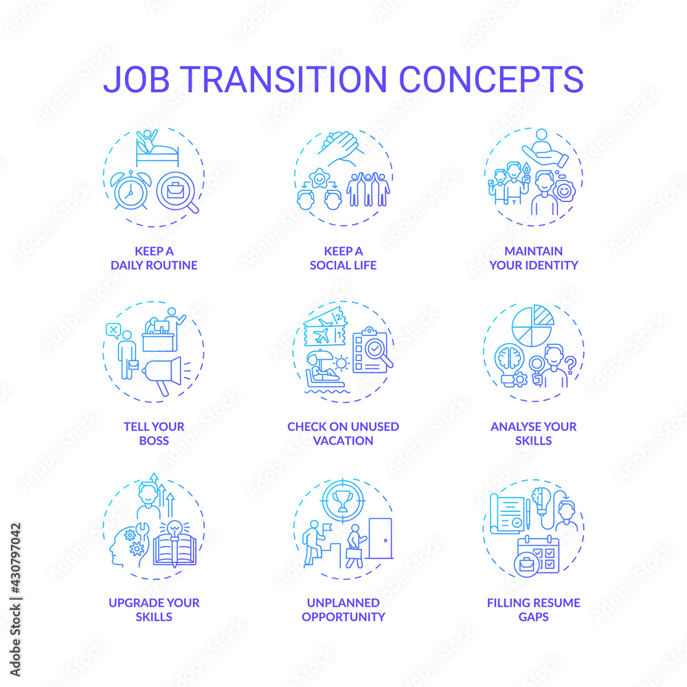 Job transition concept icons set. Career change advices idea thin line RGB color illustrations. How be successful. Upgrade your skills. Vector isolated outline drawings