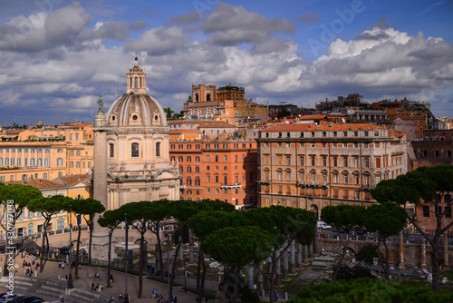 View from the Campidoglio to the Imperial fora (Fori Imperiali), the Chiesa del Santissimo Nome di Maria church and the Monti neighborhood, Rome, Italy 