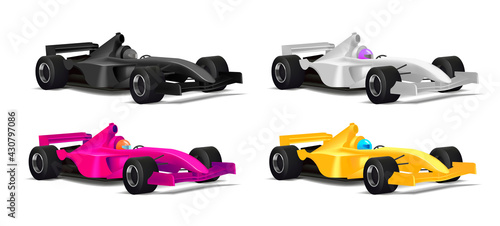 Realistic illustration set of sport bolide car in different colors with driver in helmet and with black tyres, 3d detailed graphic