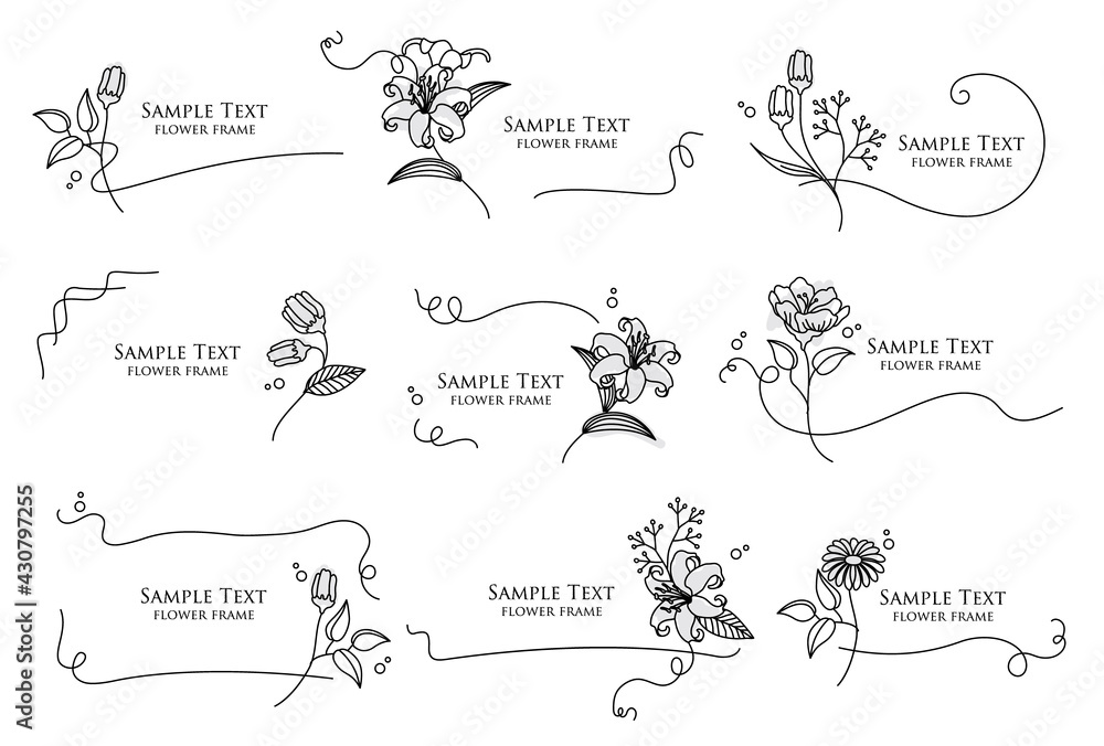 手描きの花と線画のフレームのベクターイラストセット 手描きの花と線画のフレームのベクターイラストセット