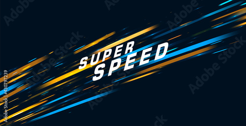 Abstract vector background with bright lights in movement forming neon tail with super speed text