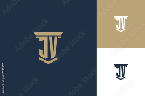 JV monogram initials logo design with pillar icon. Attorney law logo design