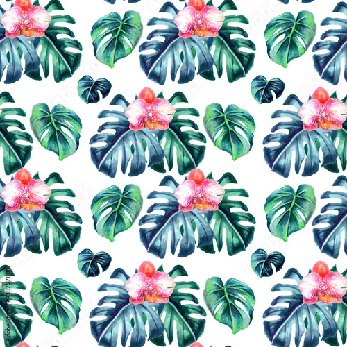 Beach cheerful seamless wallpaper with a pattern of tropical dark green monstera leaves and pink orchid flowers. handmade exotic leaf pattern. Watercolor botanical illustration