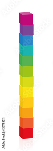 Colorful cube tower. Set of 12 colorful cubes sorted by rainbow colors, stacked on top of each other. Isolated vector illustration on white background.
