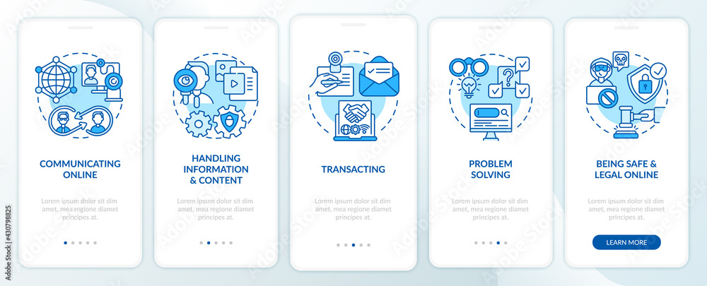 Digital skills blue onboarding mobile app page screen with concepts. Information technology walkthrough 5 steps graphic instructions. UI, UX, GUI vector template with linear color illustrations