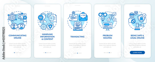Digital skills blue onboarding mobile app page screen with concepts. Information technology walkthrough 5 steps graphic instructions. UI, UX, GUI vector template with linear color illustrations