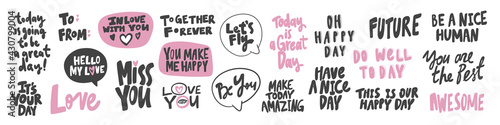 Vector hand drawn collection set of calligraphy lettering quotes and words. Pink and black color