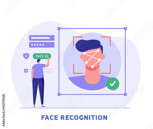 Man standing with a phone, identifies a face. Concept of facial recognition, face ID system, biometric identification. Vector Illustration in flat design for mobile app