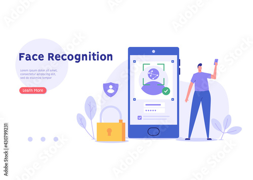 Man standing with a phone, identifies a face. Concept of facial recognition, face ID system, biometric identification. Vector Illustration in flat design for mobile app