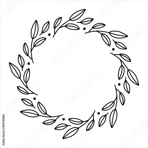 Vector hand drawn spring wreath isolated on white background. Outline circle of leaves. Doodle style. Floral frame.