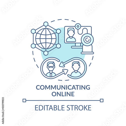 Communicating online turquoise concept icon. Internet chat. Remote meeting, communication. Digital inclusion idea thin line illustration. Vector isolated outline RGB color drawing. Editable stroke