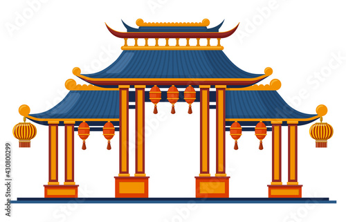 Chinese traditional entrance. Asian traditional architectural pagoda gate isolated vector illustration. Oriental entrance with hanging lanterns