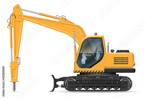Excavator with hydraulic jackhammer side view isolated on white background. construction and road equipment vector mockup, easy editing and recolor