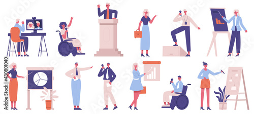 Business coach. Corporate business coaching, training, conference or seminar, teamwork speakers characters vector illustration set. Meeting seminar trainers