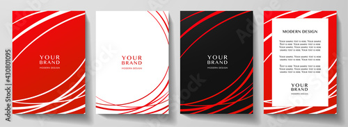 Modern red cover, frame design set. Abstract radial line pattern (curves). Creative stripe vector collection for business background page, brochure template, booklet, vertical certificate