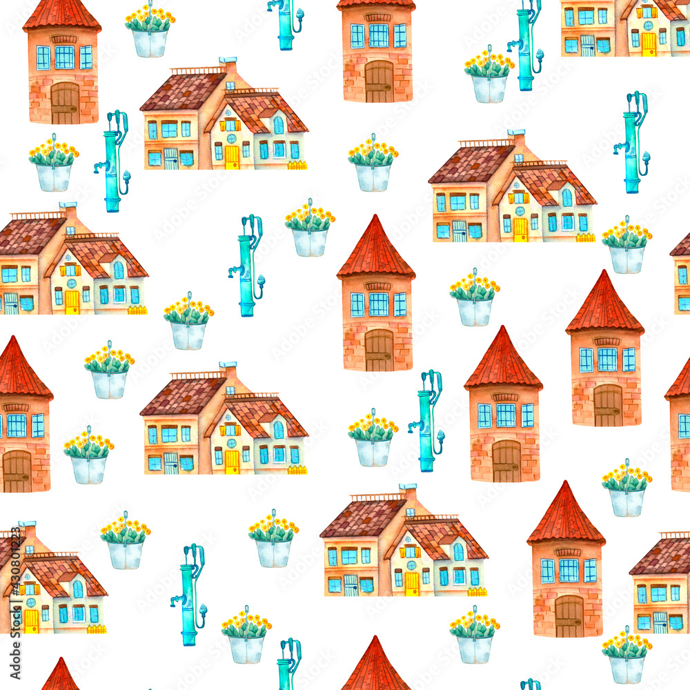 Seamless pattern. Fantastic watercolor fairy house and mill print for decorating children's fabric, wrapping paper