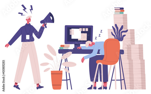Lazy office worker. Unorganised manager tired from routine office work and angry boss vector illustration. Sleeping businessman office character