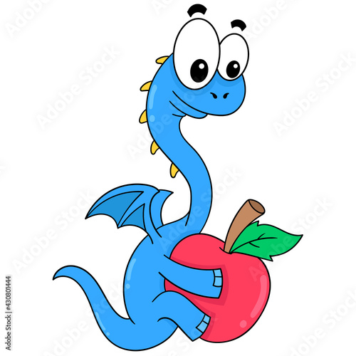 a blue dinosaur hugging a red apple, doodle icon image kawaii