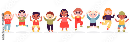 Jumping children. Happy jumped kids, joyful laughing jumping little boys and girls isolated vector illustration set. Cute jumping children characters