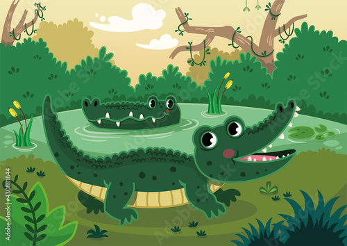 Happy crocodiles in a swamp. Vector illustration.