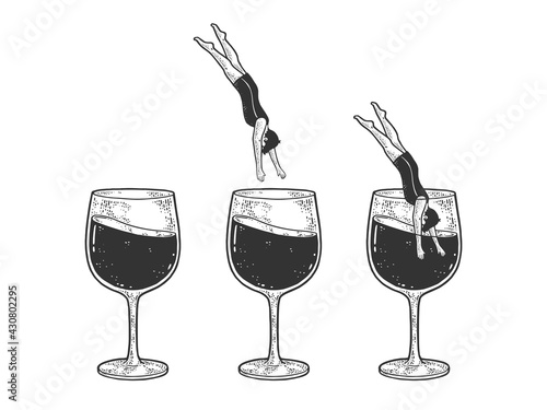 man dives into a glass of wine set sketch engraving vector illustration. T-shirt apparel print design. Scratch board imitation. Black and white hand drawn image.