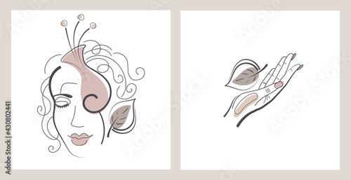 Set of a woman s face with a flower and a hand with a leaf. Drawn with a line. Vector illustration on an isolated white background.