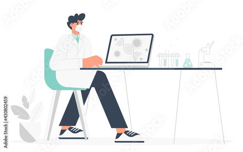 Development of a vaccine against coronavirus. A male scientist sits at a table in the laboratory and analyzes the results of research on vaccination against covid-19. Flat vector illustration