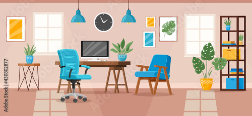 Office interior. Modern office workspace  workplace room interior with desk  chair  armchair and bookcase vector illustration. Workplace interior