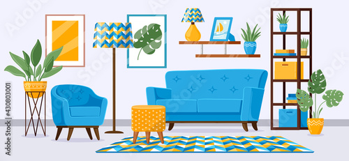 Cartoon living room interior. Apartment living room with modern furniture, sofa, armchair, bookshelf and plants vector illustration. Living room interior