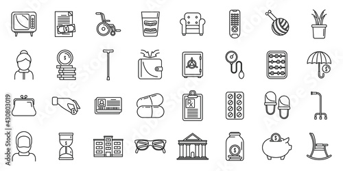 Retirement plan icons set, outline style