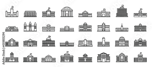 Parliament building icons set, outline style