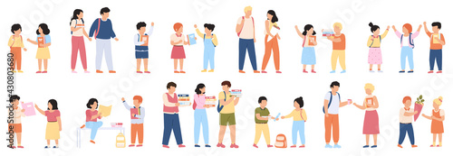 School students groups. Elementary school pupils and students with backpacks going to school together vector illustration set. Pupils or students group