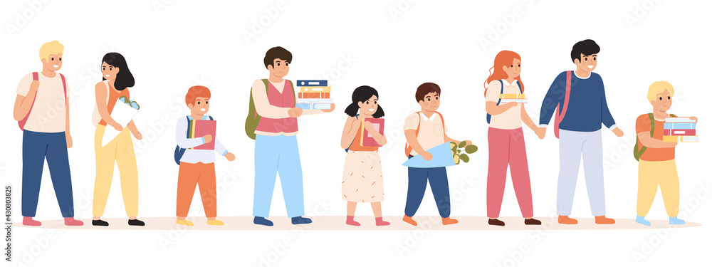 Pupils go to school. Children with backpacks and books heading to school, school students walking vector illustration. Male and female school students Pupils go to school. Children with backpacks and books heading to school, school students walking vector illustration. Male and female school students