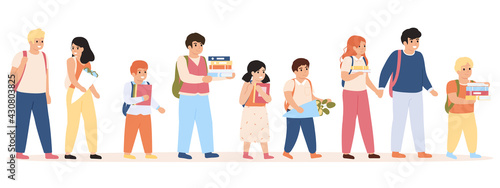 Pupils go to school. Children with backpacks and books heading to school, school students walking vector illustration. Male and female school students