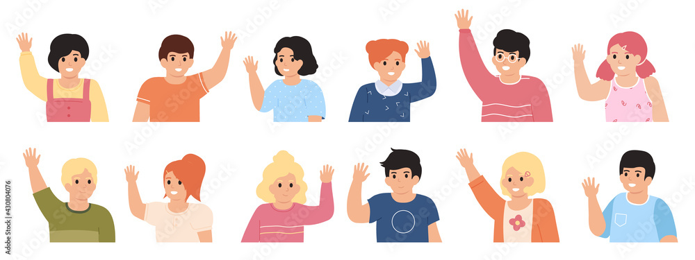 Kids waving hands. Cute children raising hands, cheerful little boys and girls vector illustration set. School or kindergarten pupils waving hands